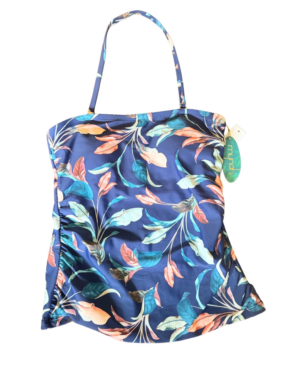 Mynah Navy Tropical Leaf Halter Swim Top with Teal and Coral Accents